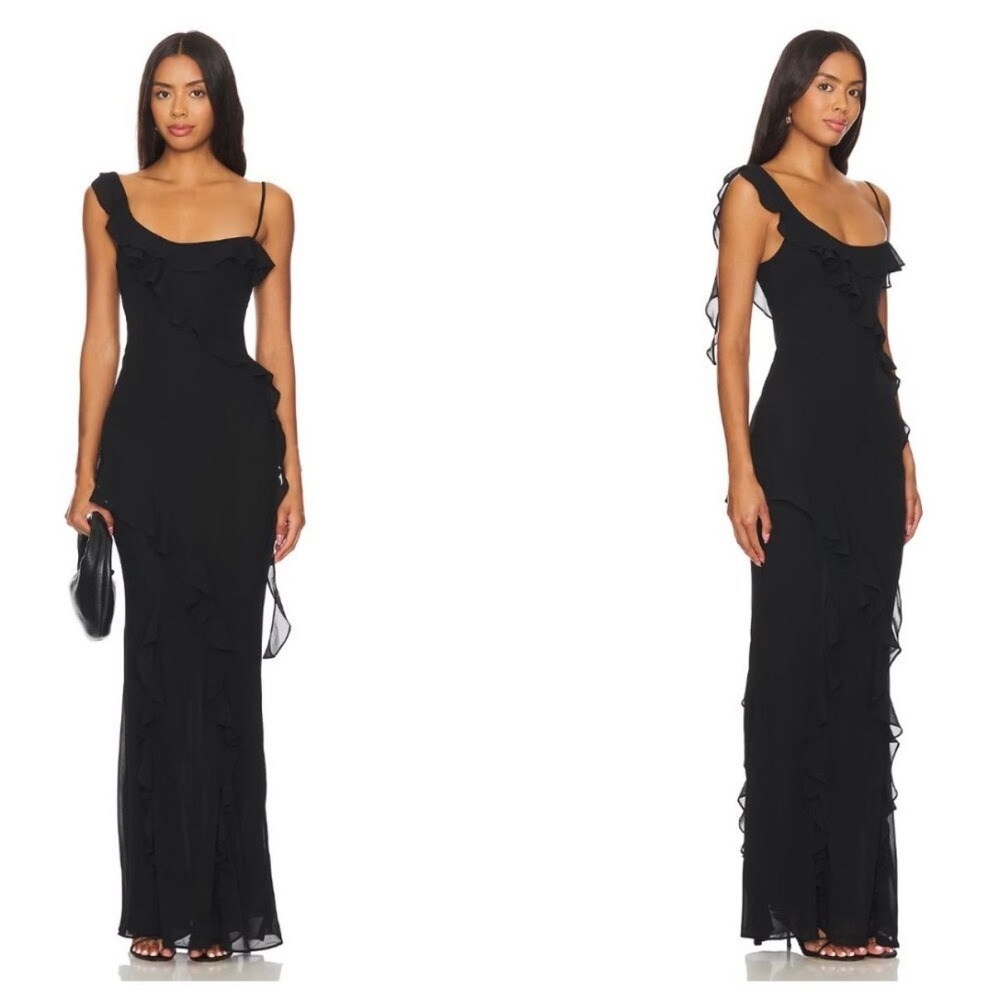 NWT‎ Majorelle Teagan Maxi Dress Black Ruffle Medium Formal Evening Gown